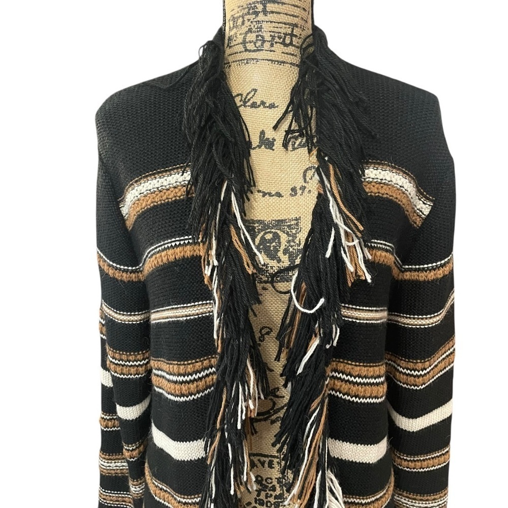 Johnny Was Ada Striped Cardigan Black Striped Fringe Alpaca Wool Size Large - Picture 3 of 9